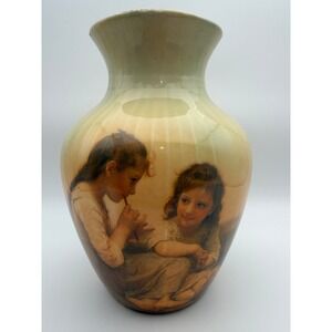 Antique Style Porcelain Vase Two Girls Scene Gilt Trim Fluted Neck F407